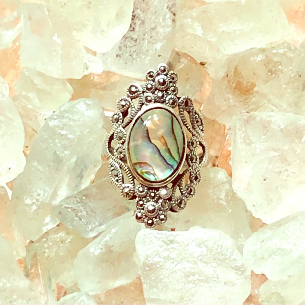 Sterling silver abalone and marcasite ring